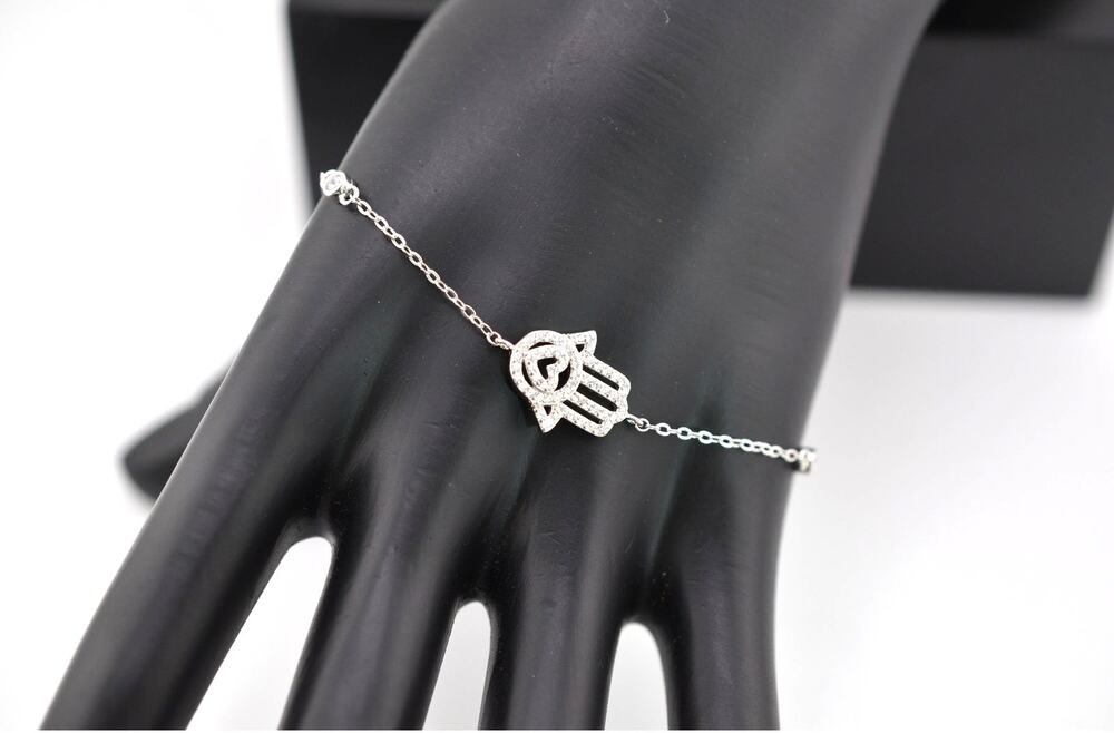 Moroccan 925 Sterling Silver Hamsa Crystal Adjustable Bracelet